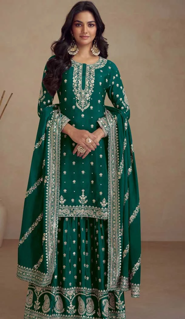 Silk Embroidered Party Wear Palazzo Salwar Suit In Green - 10516194359