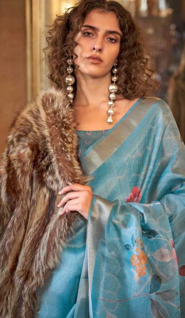 Sky Blue Softweave Digital Printed Party Wear Saree - 10566194650