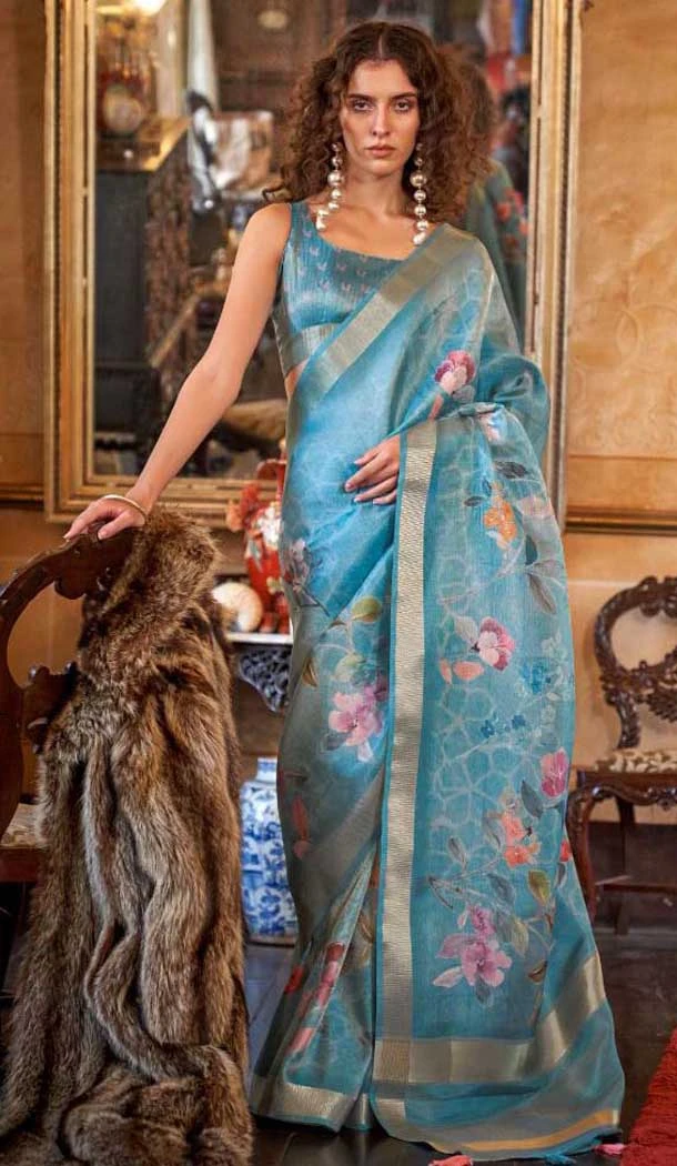 Sky Blue Softweave Digital Printed Party Wear Saree - 10566194650