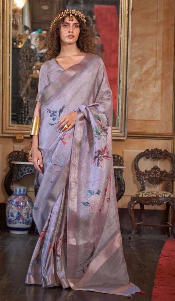 Soft Weave Digital Printed Party Wear Saree In Grey - 10566194652