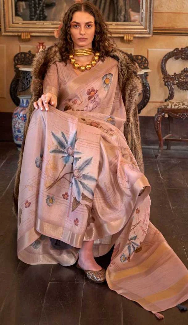 Soft Weave Digital Printed Party Wear Saree In Peach - 10566194653