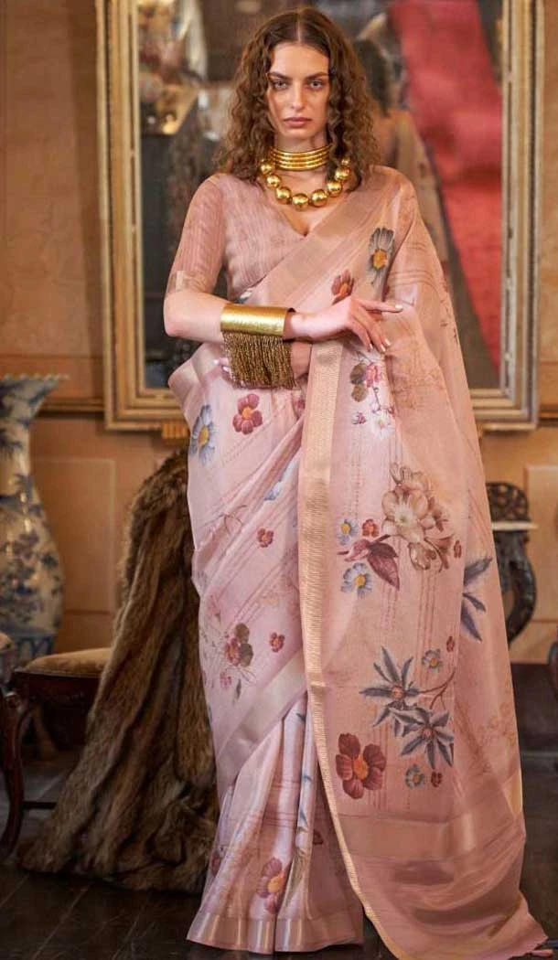 Soft Weave Digital Printed Party Wear Saree In Peach - 10566194653