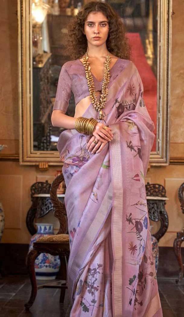 Soft Weave Digital Printed Party Wear Saree In Lavender - 10566194655