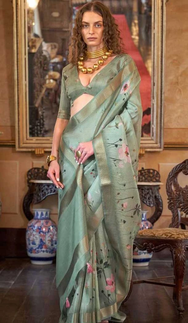 Pista Green Soft Weave Digital Printed Party Wear Saree - 10566194656