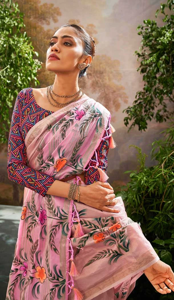 Tissue Silk Printed Party Wear Saree In Pink - 10573194683