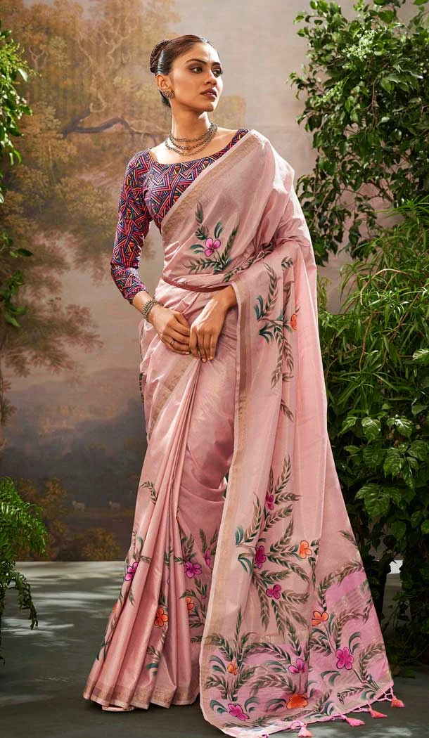 Tissue Silk Printed Party Wear Saree In Pink - 10573194683