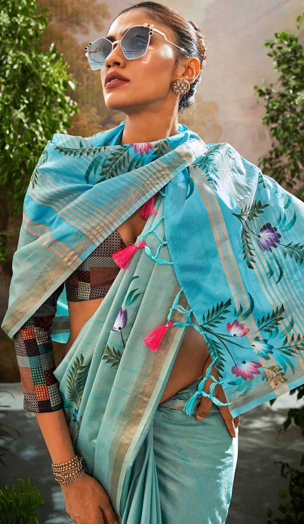 Tissue Silk Printed Party Wear Saree In Sky Blue - 10573194685