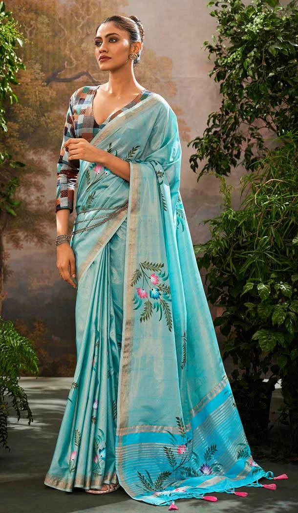 Tissue Silk Printed Party Wear Saree In Sky Blue - 10573194685