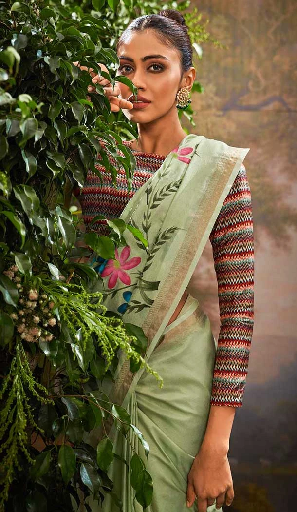Tissue Silk Printed Party Wear Saree In Pista Green - 10573194686