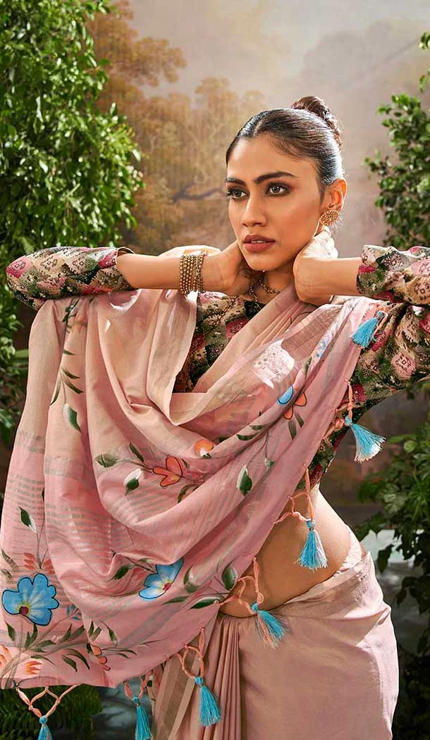 Tissue Silk Printed Party Wear Saree In Peach - 10573194687