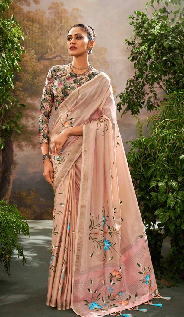 Tissue Silk Printed Party Wear Saree In Peach - 10573194687