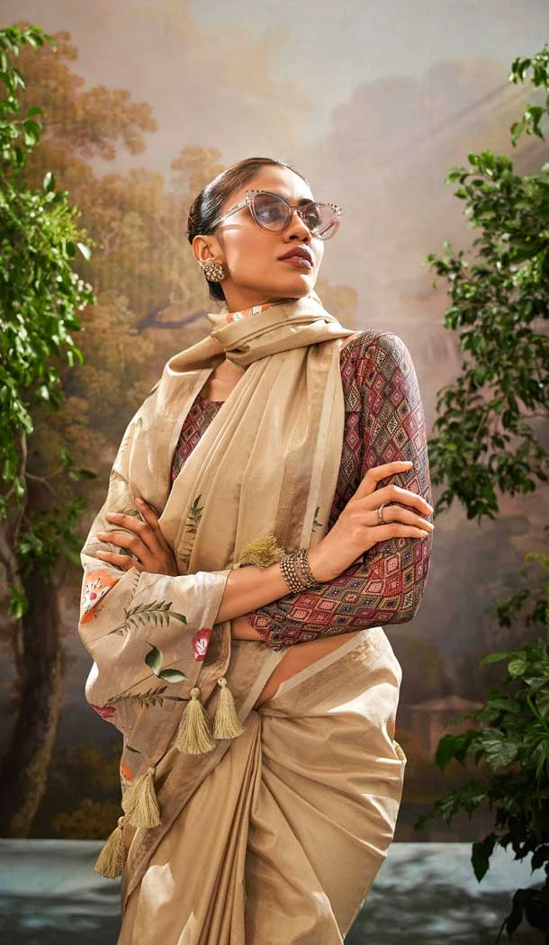 Tissue Silk Printed Party Wear Saree In Beige - 10573194688