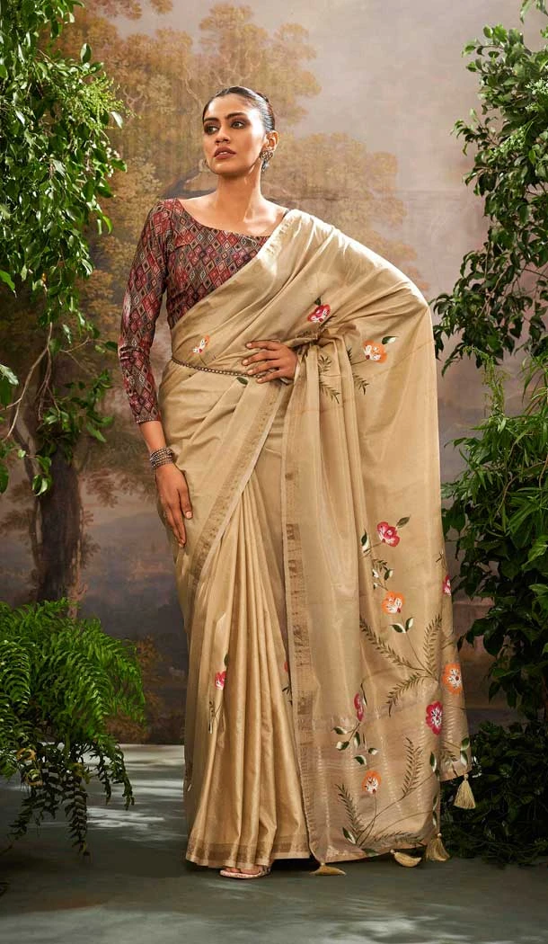 Tissue Silk Printed Party Wear Saree In Beige - 10573194688
