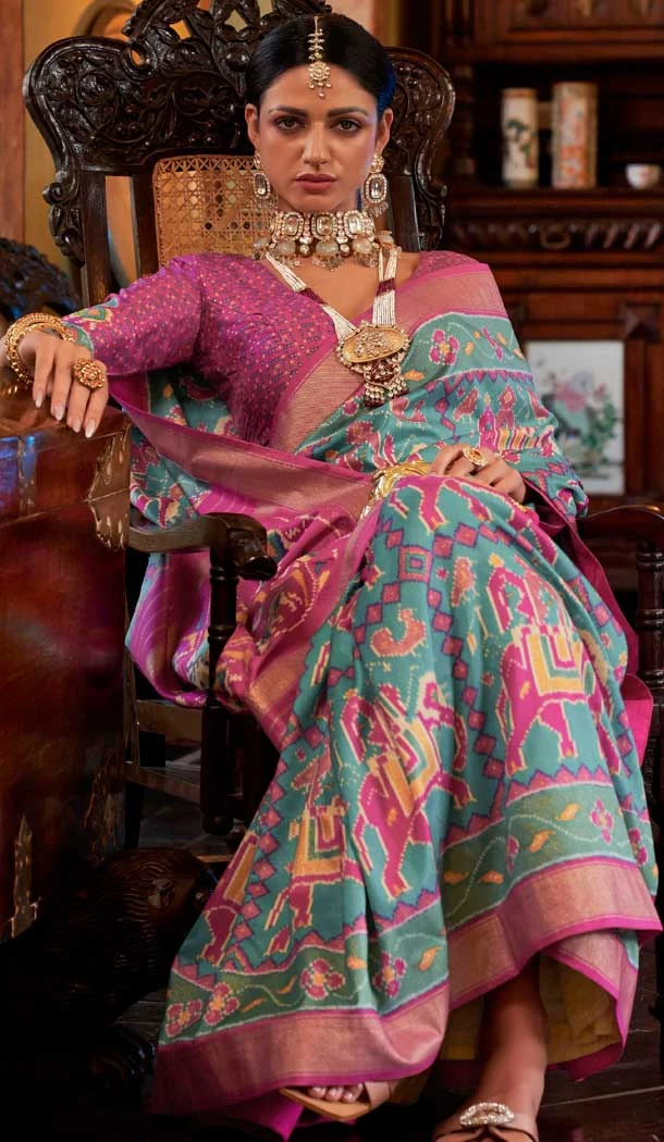 Blue And Pink Silk Digital Printed Party Wear Saree - 10575194693