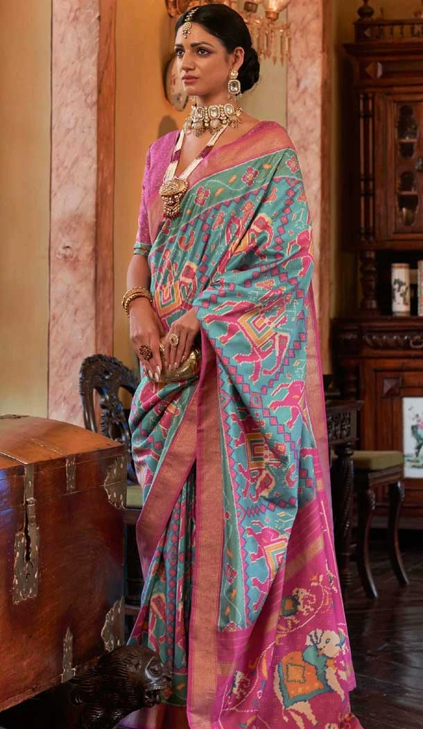 Blue And Pink Silk Digital Printed Party Wear Saree - 10575194693