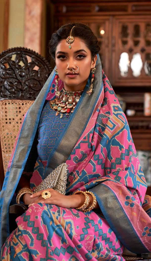 Pink And Blue Silk Digital Printed Party Wear Saree - 10575194694