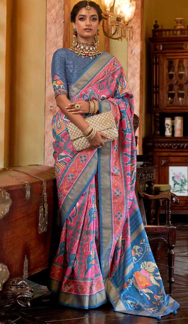 Pink And Blue Silk Digital Printed Party Wear Saree - 10575194694