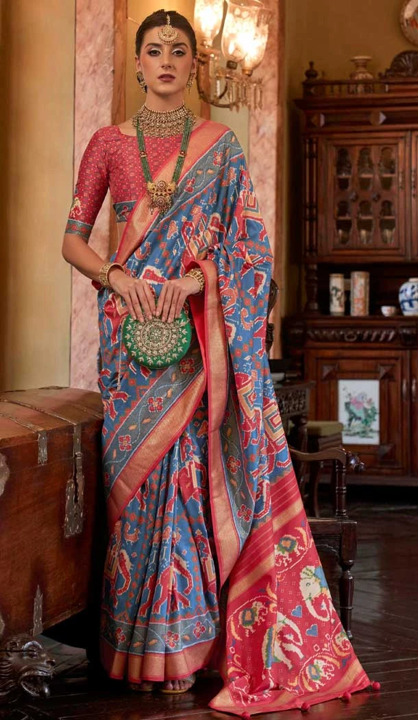Blue And Red Silk Digital Printed Party Wear Saree - 10575194695