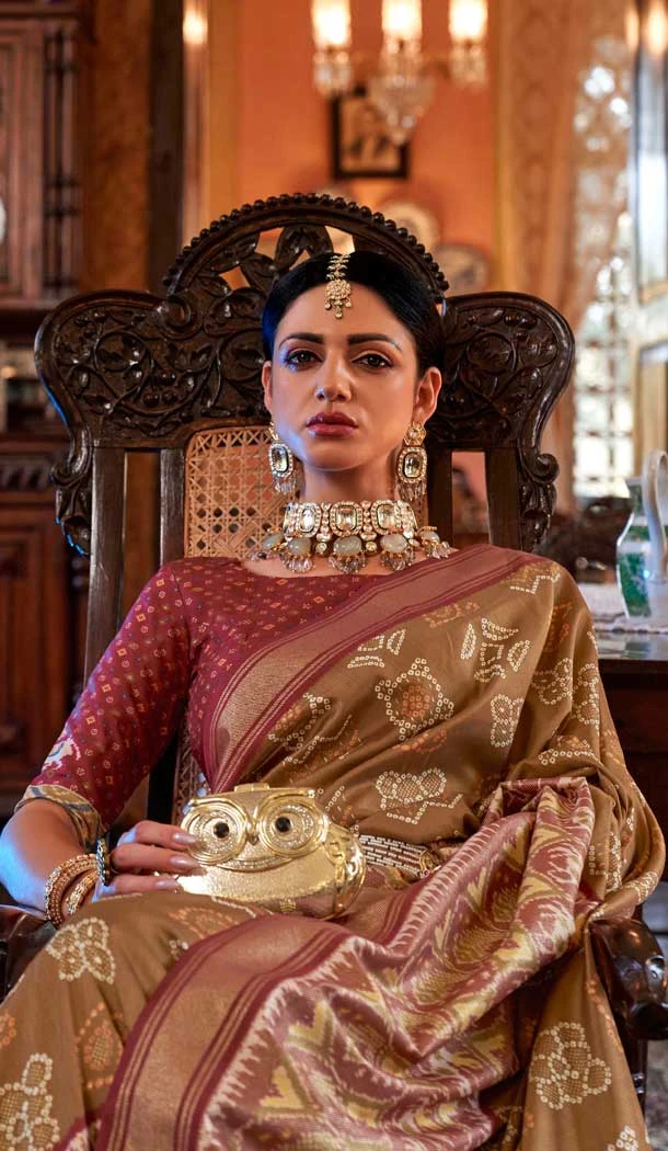 Brown Silk Digital Printed Party Wear Saree - 10575194697