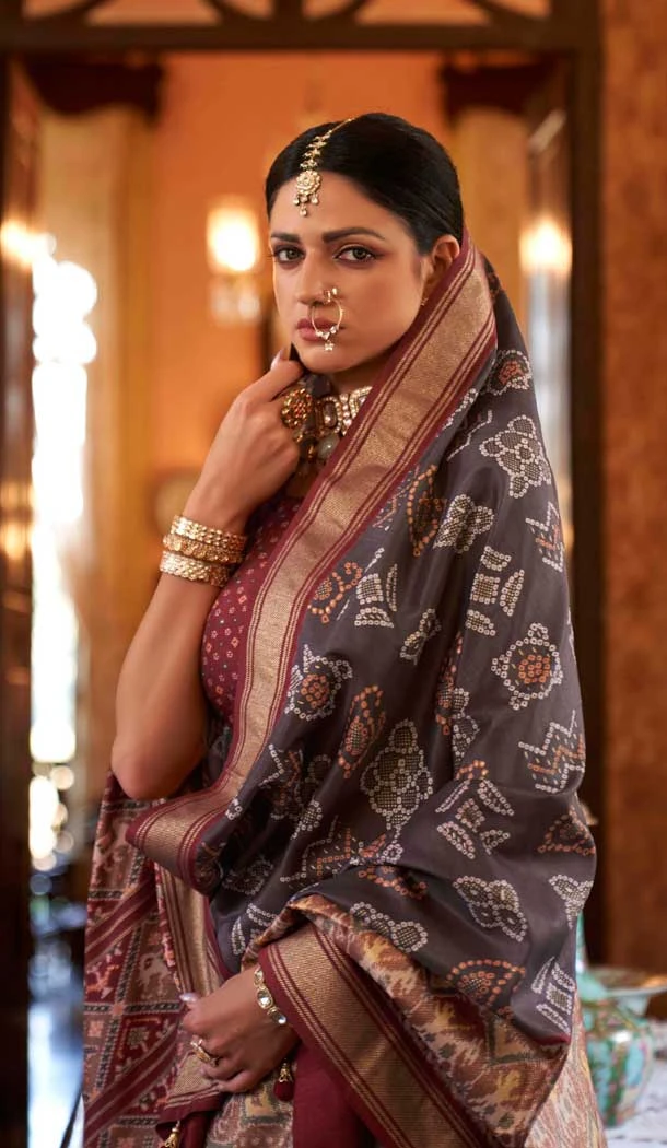 Grey Silk Digital Printed Party Wear Saree - 10575194698