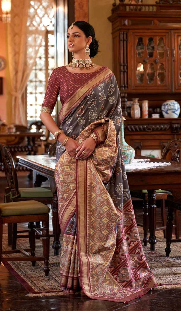 Grey Silk Digital Printed Party Wear Saree - 10575194698