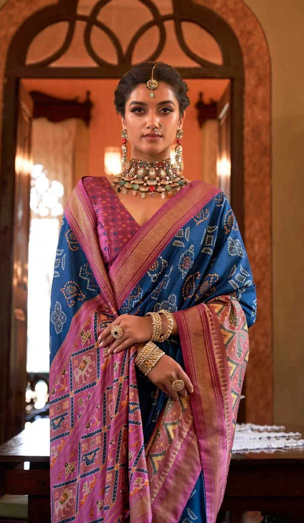 Blue Silk Digital Printed Party Wear Saree - 10575194699