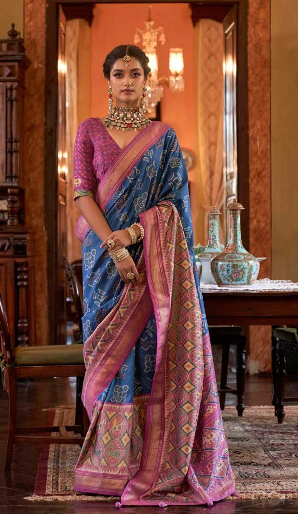 Blue Silk Digital Printed Party Wear Saree - 10575194699