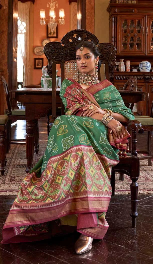 Green Silk Digital Printed Party Wear Saree - 10575194700