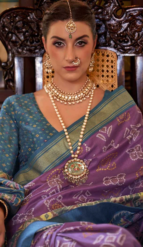 Purple And Blue Silk Digital Printed Party Wear Saree - 10575194701