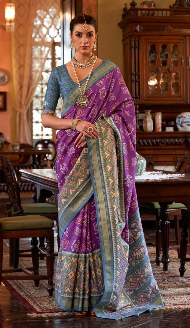 Purple And Blue Silk Digital Printed Party Wear Saree - 10575194701