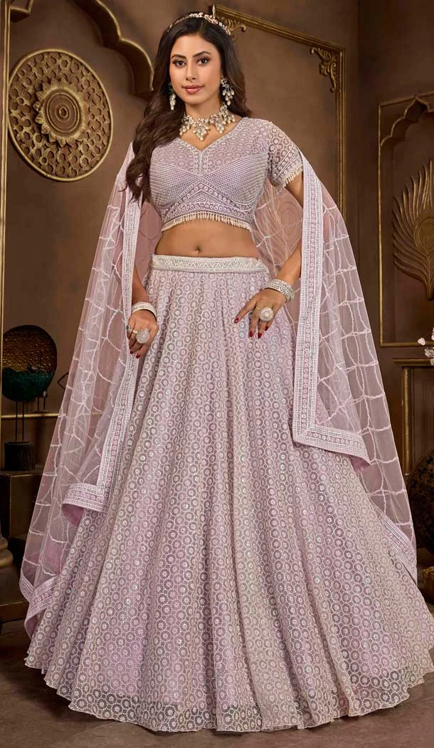 Net Resham Work Wedding Wear Lehenga Choli In Lavender - 10576194704