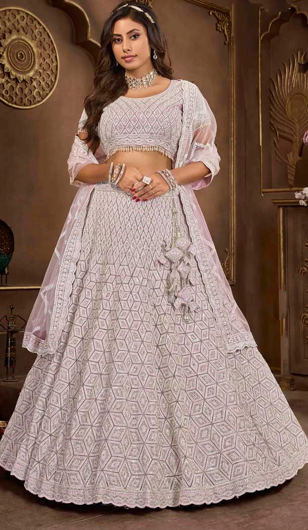 Net Resham Work Wedding Wear Lehenga Choli In Purple - 10576194705