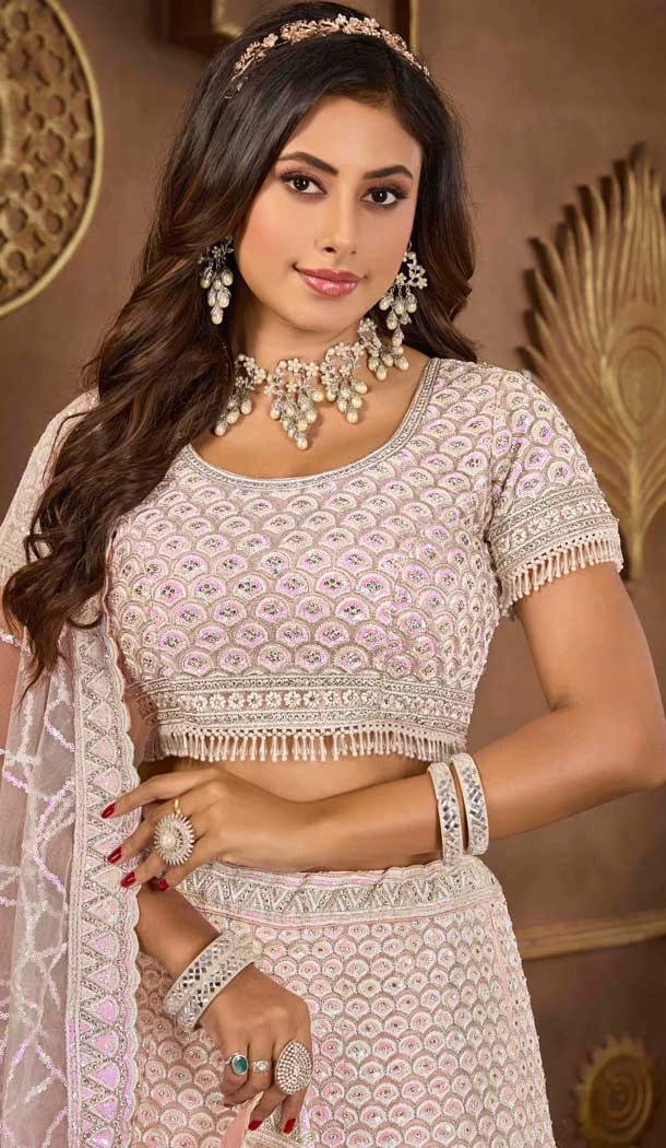 Net Resham Work Wedding Wear Lehenga Choli In Baby Pink - 10576194706