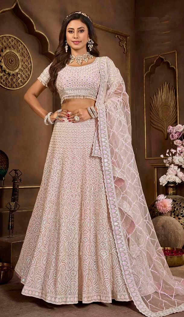 Net Resham Work Wedding Wear Lehenga Choli In Baby Pink - 10576194706