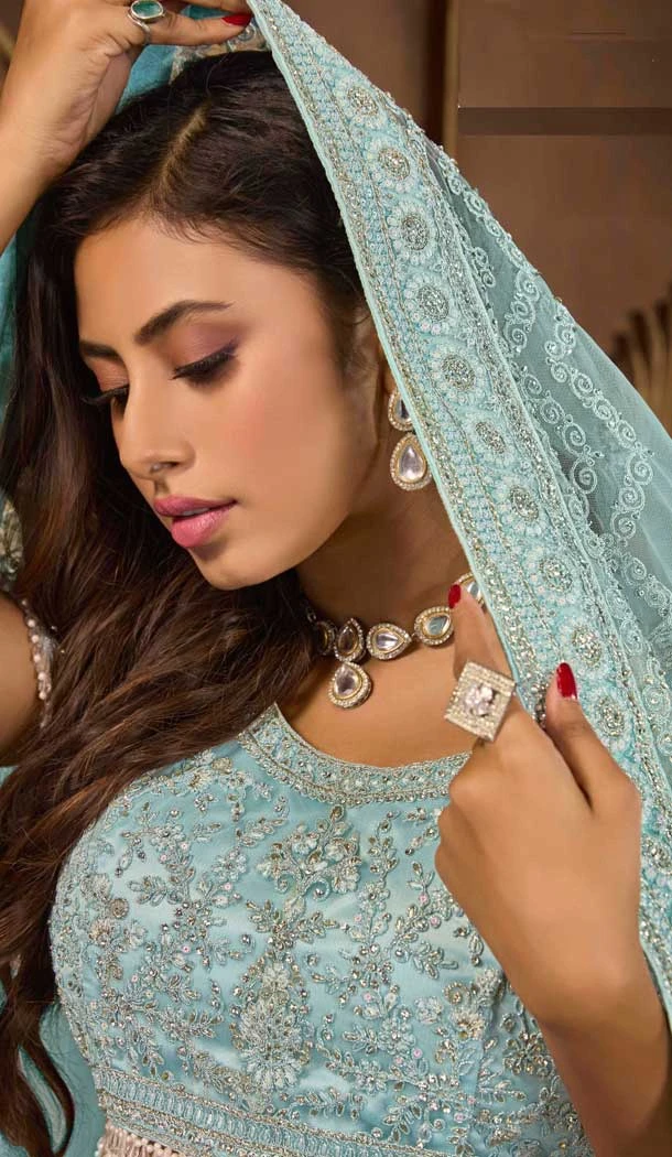 Net Resham Work Wedding Wear Lehenga Choli In Sky Blue - 10576194707