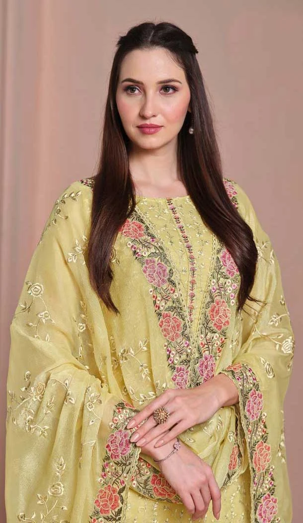 Chiffon Embroidered Party Wear Salwar Suit In Yellow - 10577194708