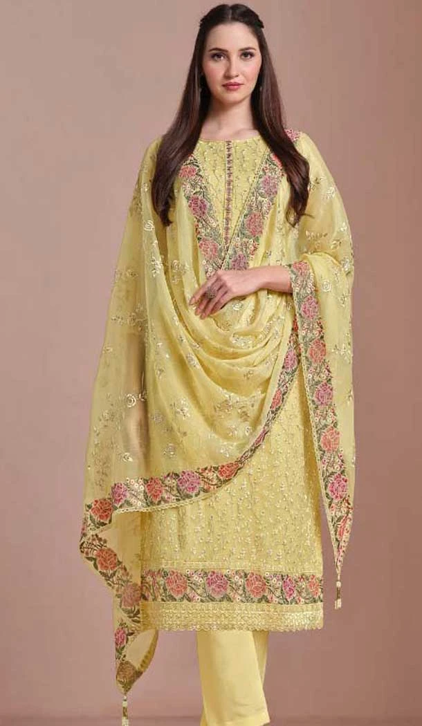 Chiffon Embroidered Party Wear Salwar Suit In Yellow - 10577194708