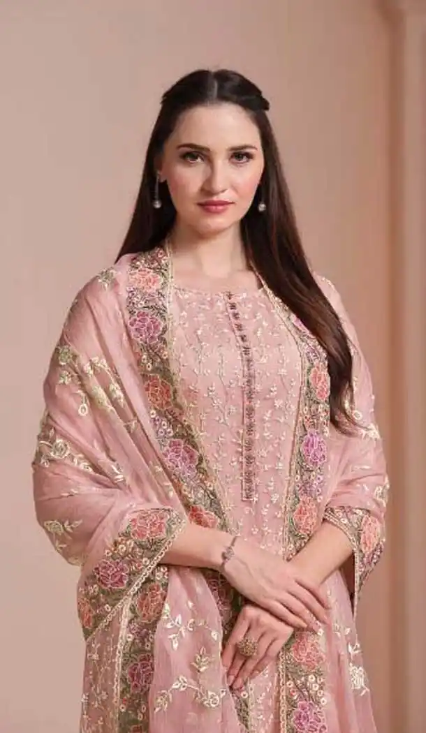 Chiffon Embroidered Party Wear Salwar Suit In Peach - 10577194709