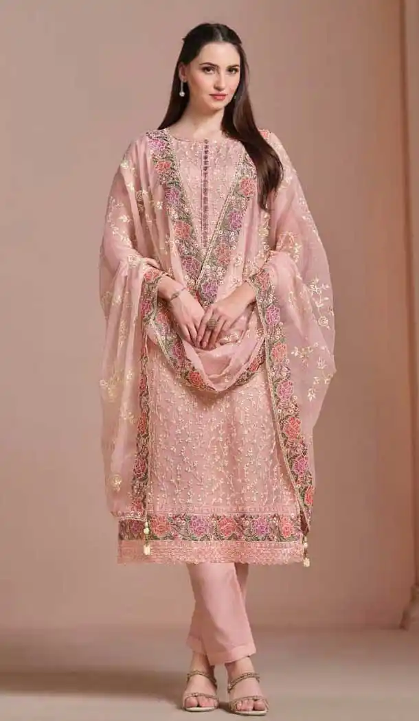 Chiffon Embroidered Party Wear Salwar Suit In Peach - 10577194709