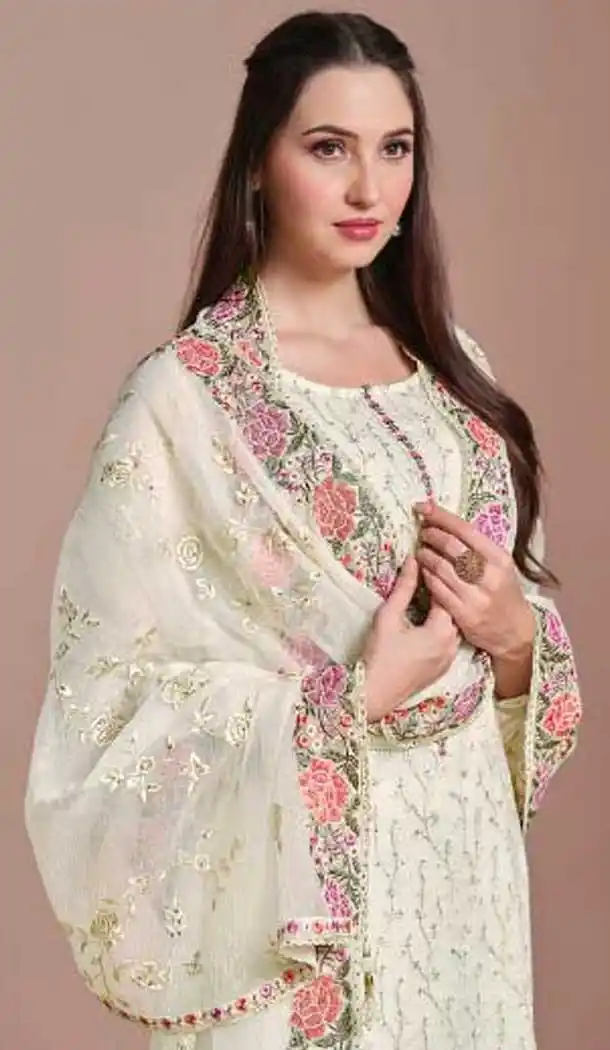 Chiffon Embroidered Party Wear Salwar Suit In Off White - 10577194710