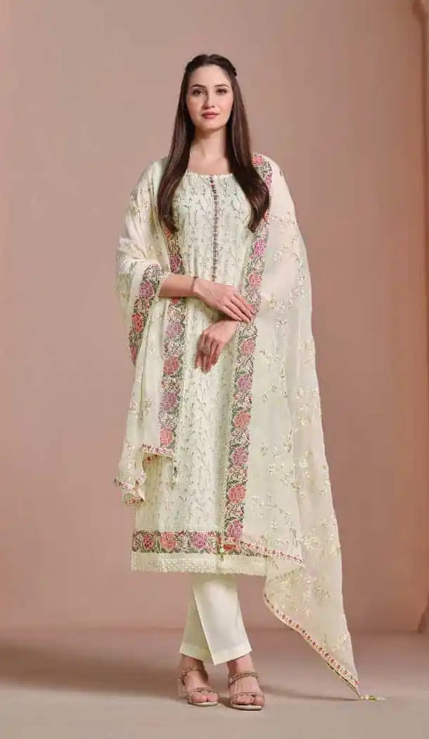 Chiffon Embroidered Party Wear Salwar Suit In Off White - 10577194710