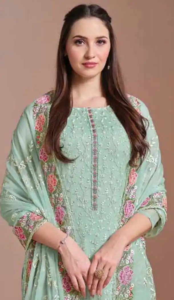 Chiffon Embroidered Party Wear Salwar Suit In Sea Green - 10577194711