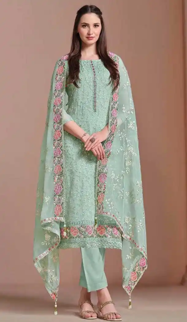 Chiffon Embroidered Party Wear Salwar Suit In Sea Green - 10577194711