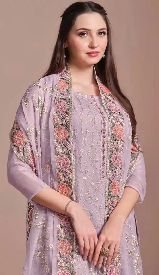 Chiffon Embroidered Party Wear Salwar Suit In Lavender - 10577194712