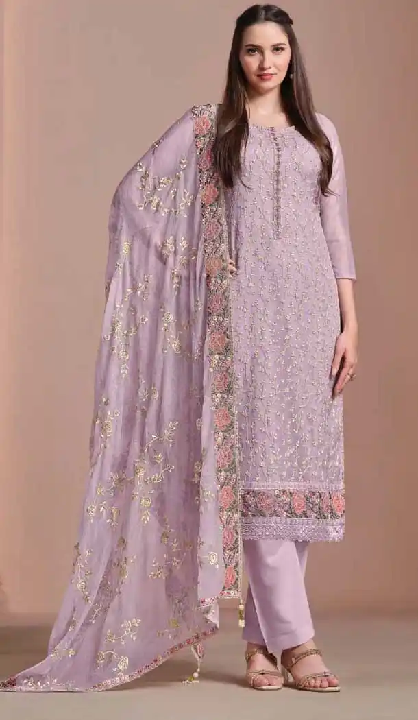 Chiffon Embroidered Party Wear Salwar Suit In Lavender - 10577194712