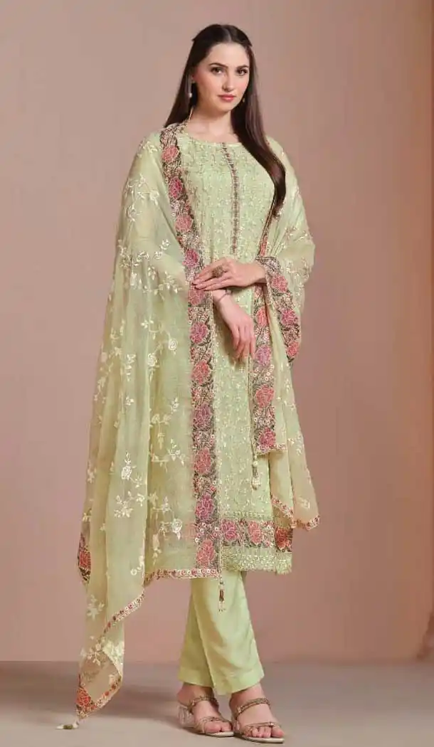 Chiffon Embroidered Party Wear Salwar Suit In Pista Green - 10577194713