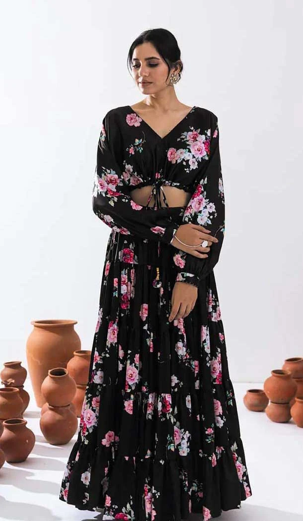 Black Chinon Digital Printed Party Wear Lehenga Choli - 10579194724