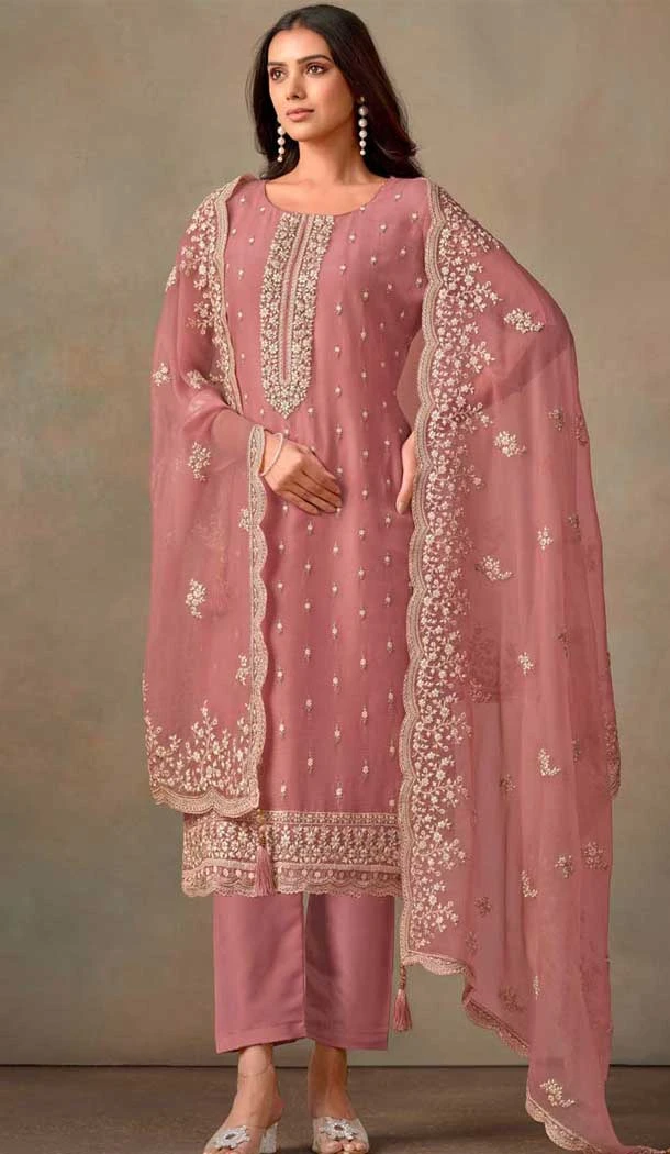 Pink Organza Resham Work Party Wear Salwar Kameez - 10581194739