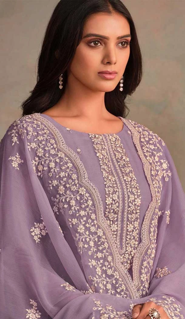 Lavender Organza Resham Work Party Wear Salwar Kameez - 10581194741