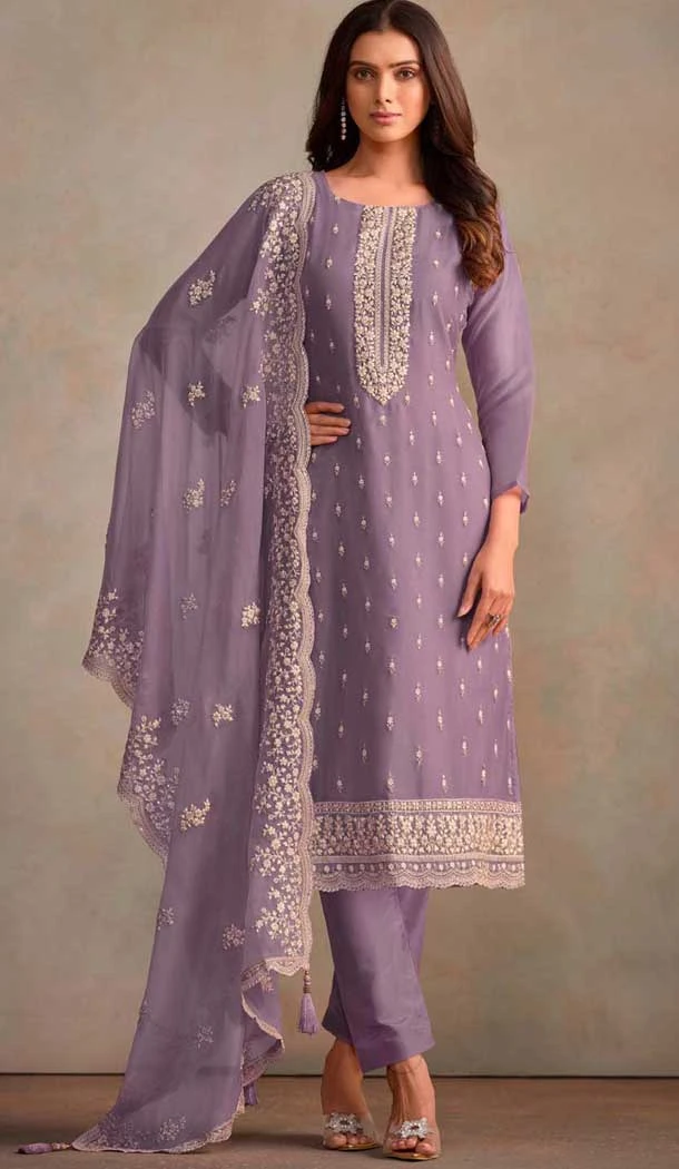 Lavender Organza Resham Work Party Wear Salwar Kameez - 10581194741